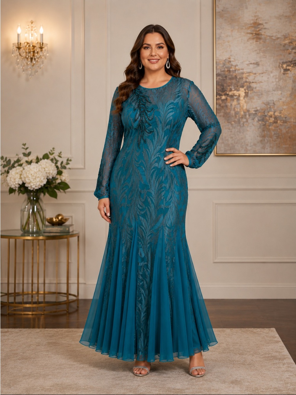 Vintage Miss Elliette Teal Long-Sleeve Evening Gown